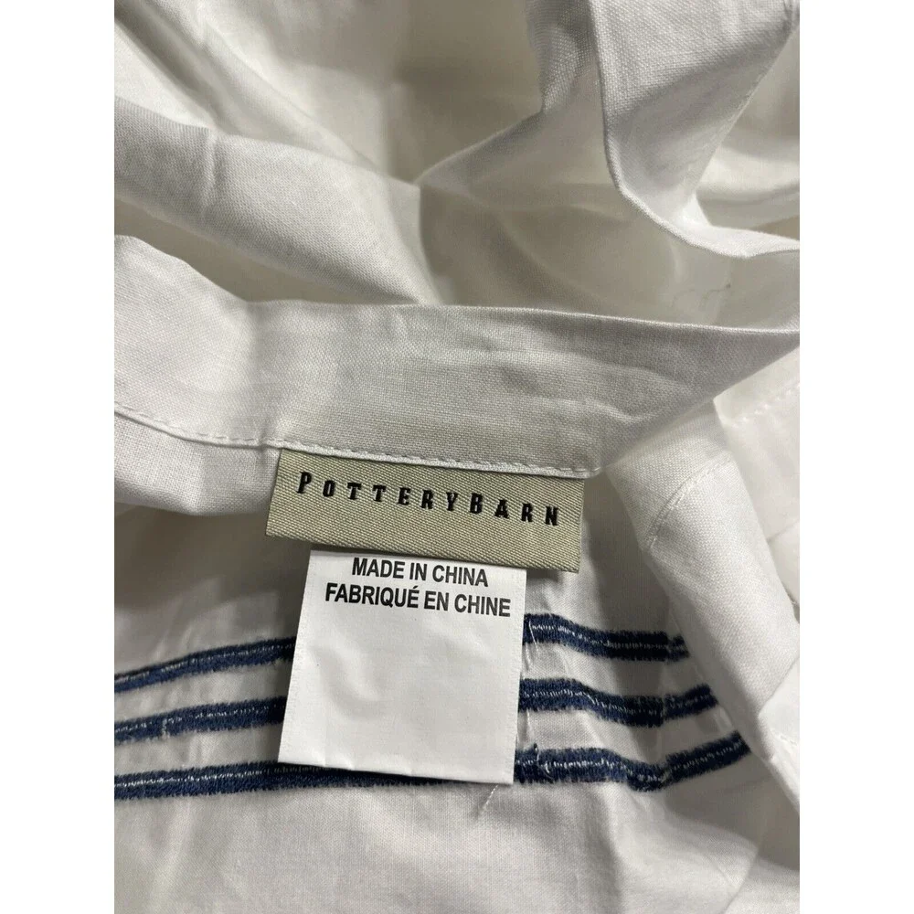 Pottery Barn White w Blue Embroidered Stripes King Size Bed Skirt